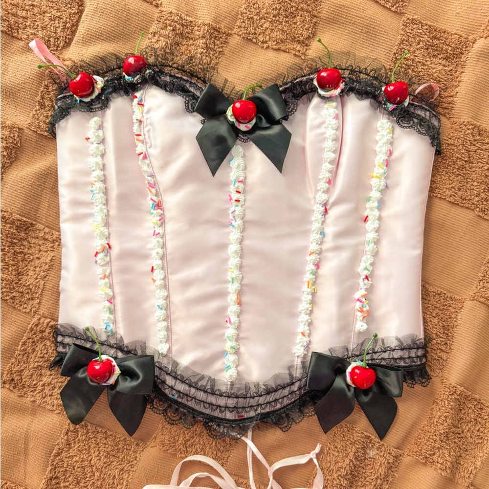 SOLD Custom Sweet Cherry Cake Embellished Corset - Black and Pink